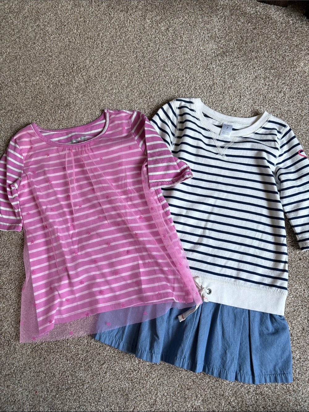 2 Girls’ Tops - Pink Stripes with Tulle & Navy/White Stripes with Chambray